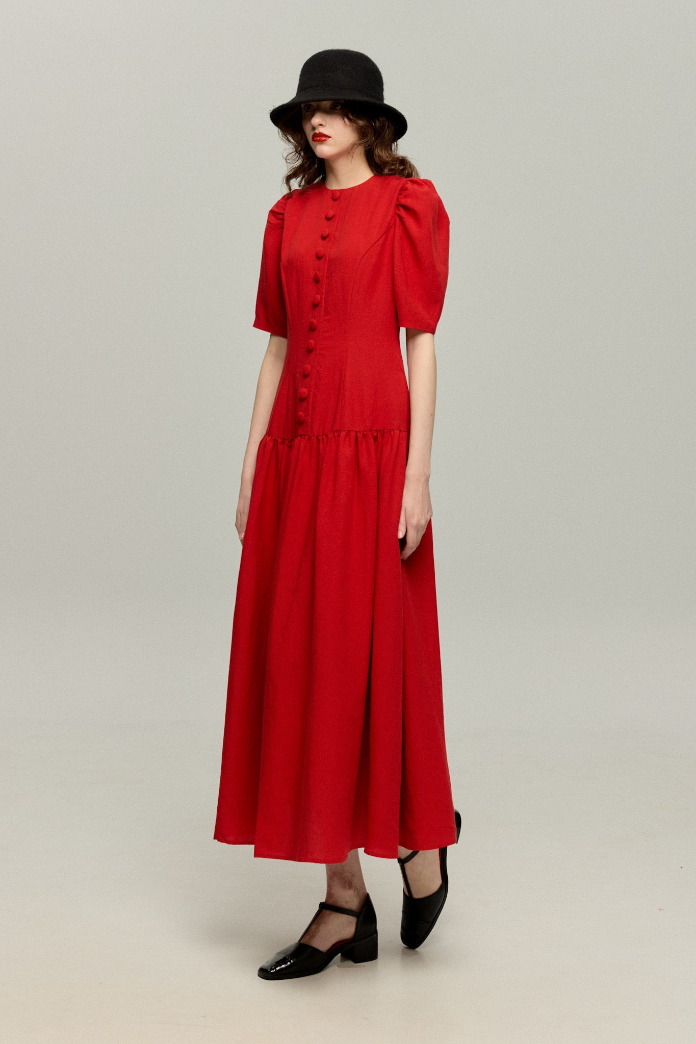 ハイウエストデザインドレス-Red