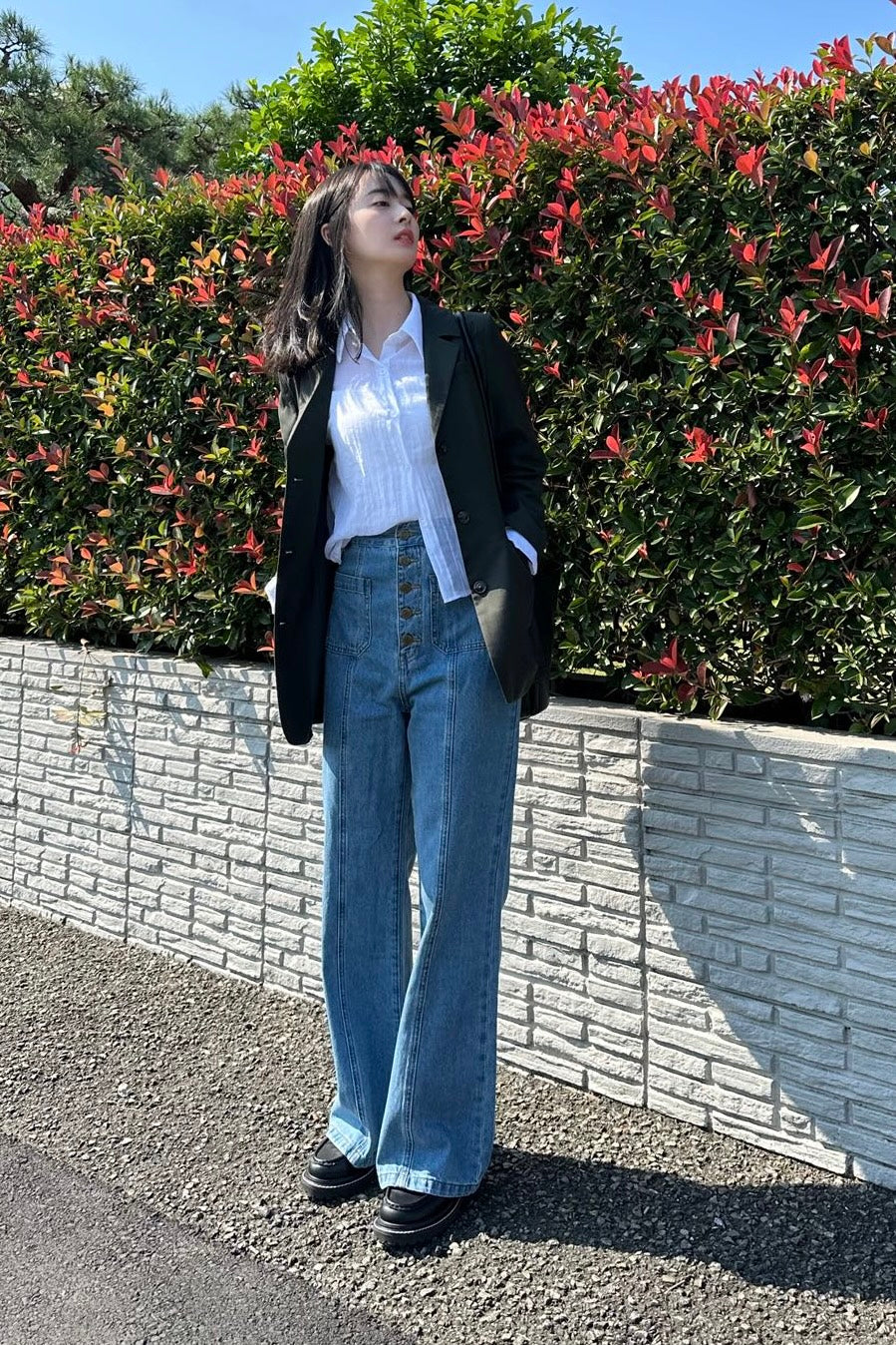 ハイウエストフロントボタンデニムパンツ-Blue