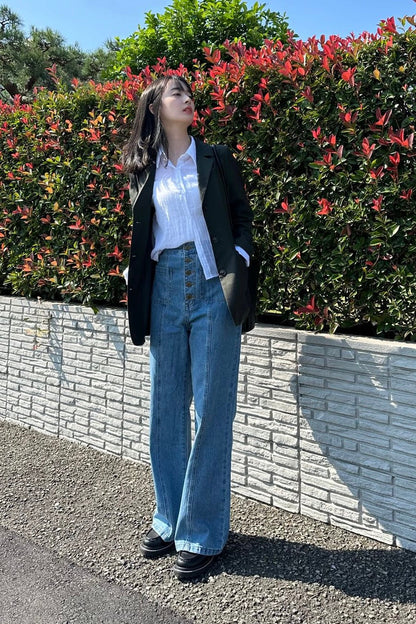 ハイウエストフロントボタンデニムパンツ-Blue