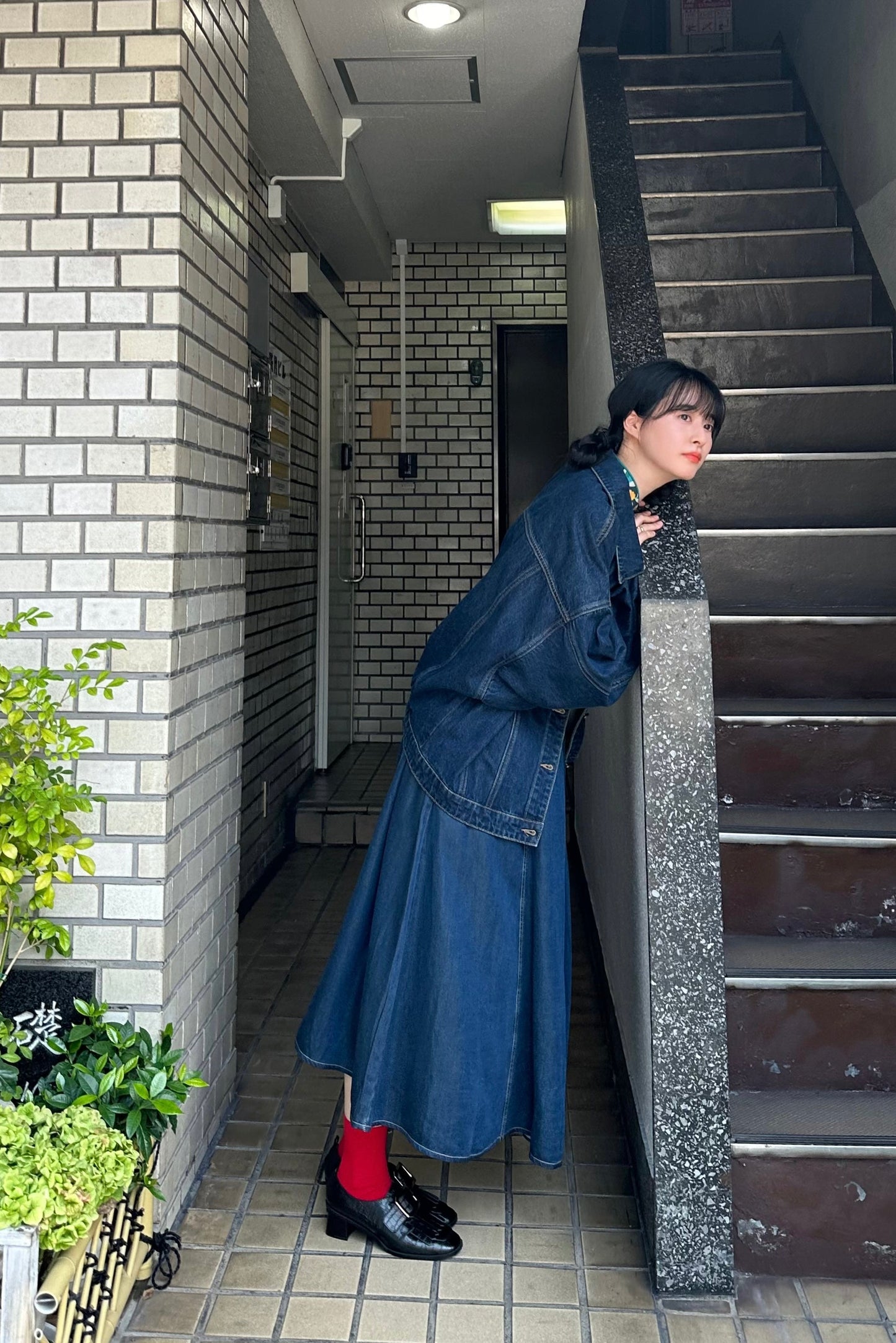 ハイウエストデニムスカート-Navy