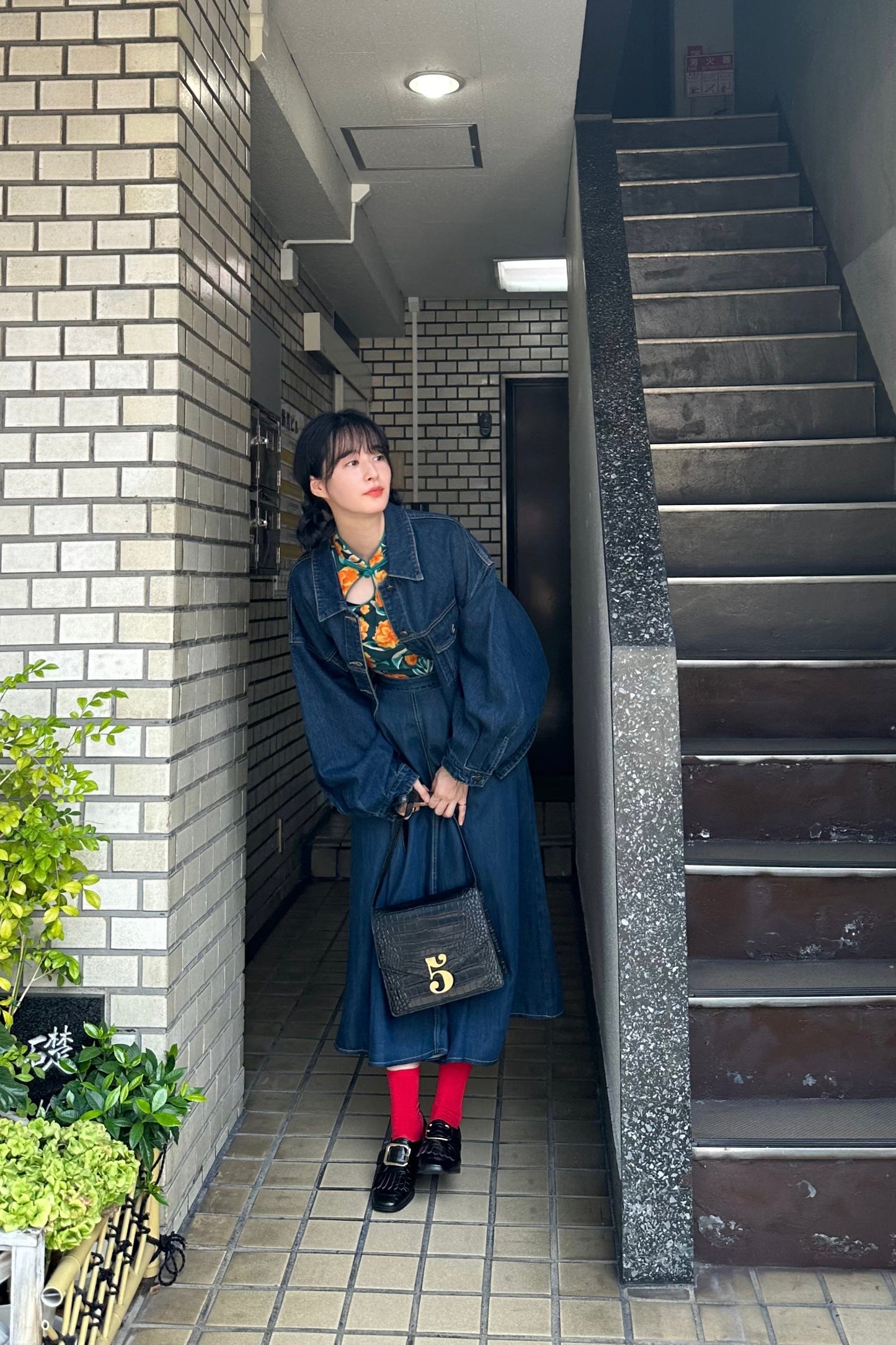 ハイウエストデニムスカート-Navy