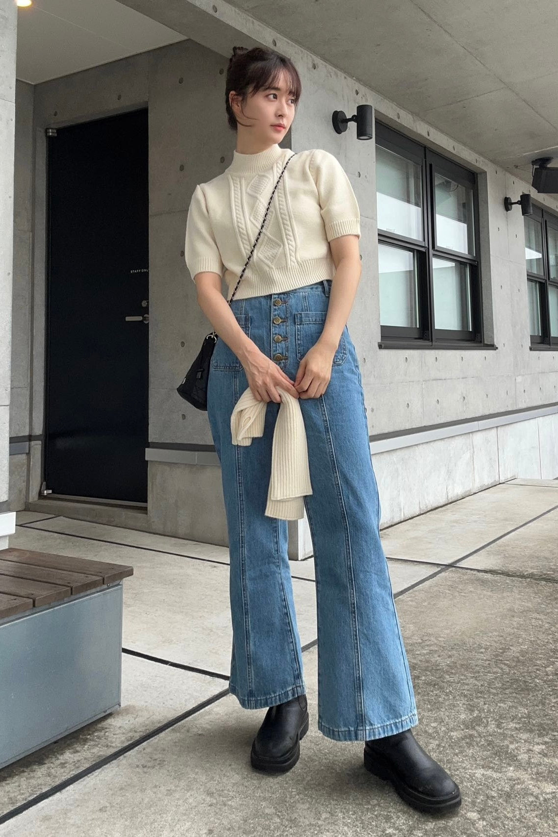 ハイウエストフロントボタンデニムパンツ-Blue