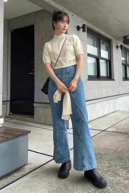 ハイウエストフロントボタンデニムパンツ-Blue