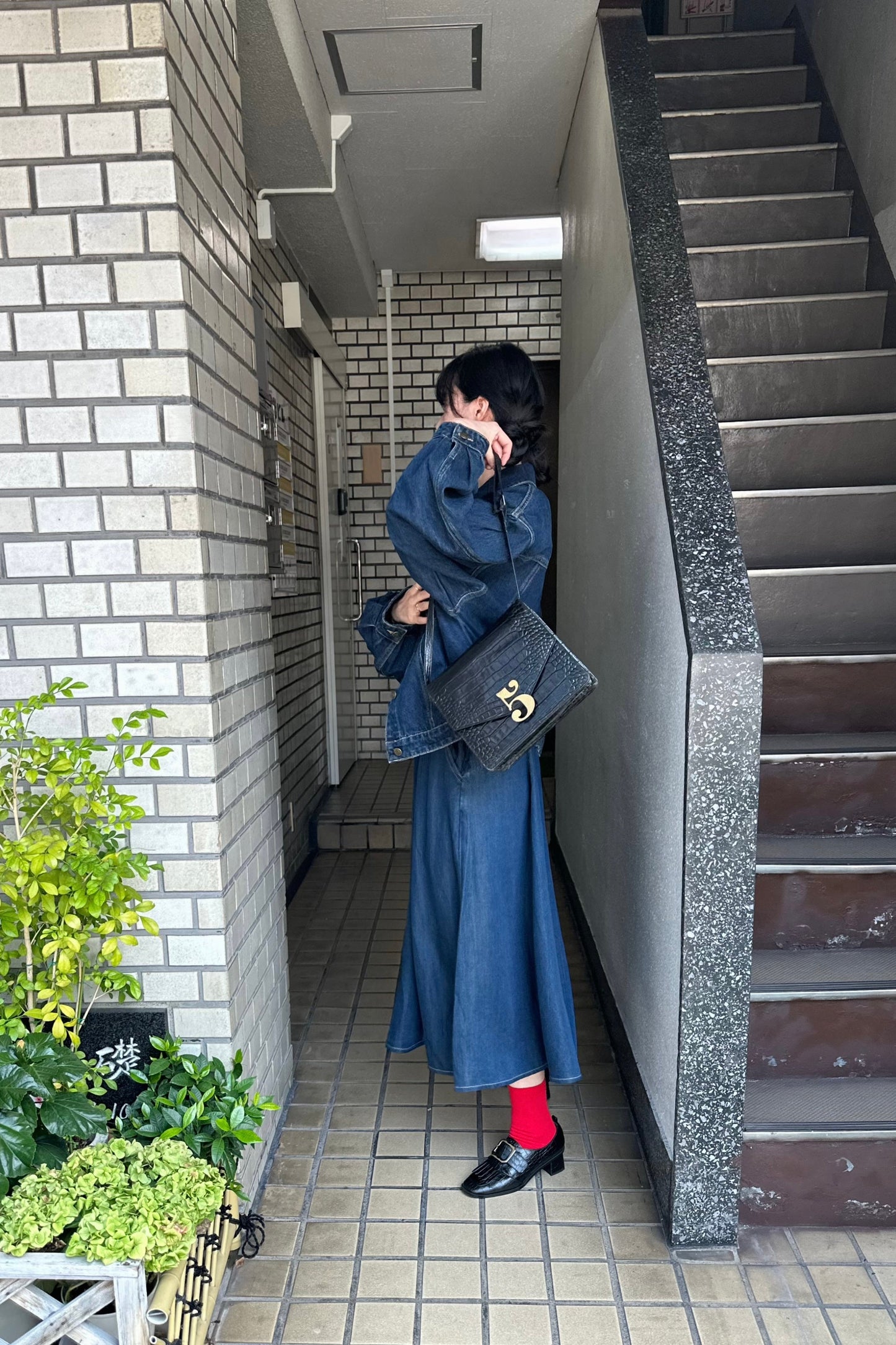 ハイウエストデニムスカート-Navy