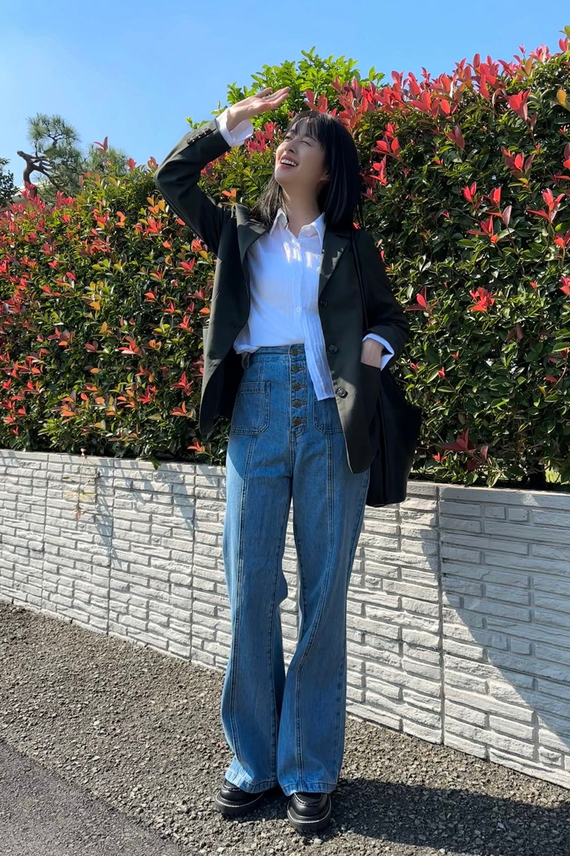 ハイウエストフロントボタンデニムパンツ-Blue