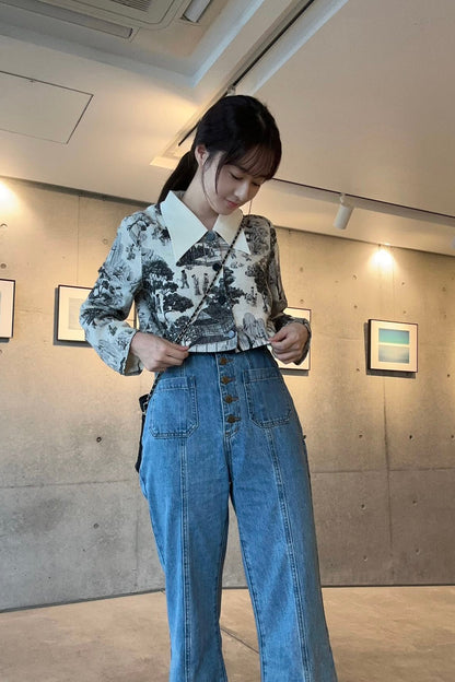 ハイウエストフロントボタンデニムパンツ-Blue
