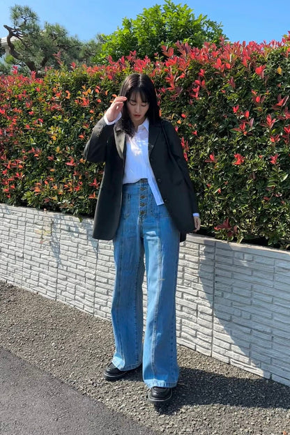 ハイウエストフロントボタンデニムパンツ-Blue