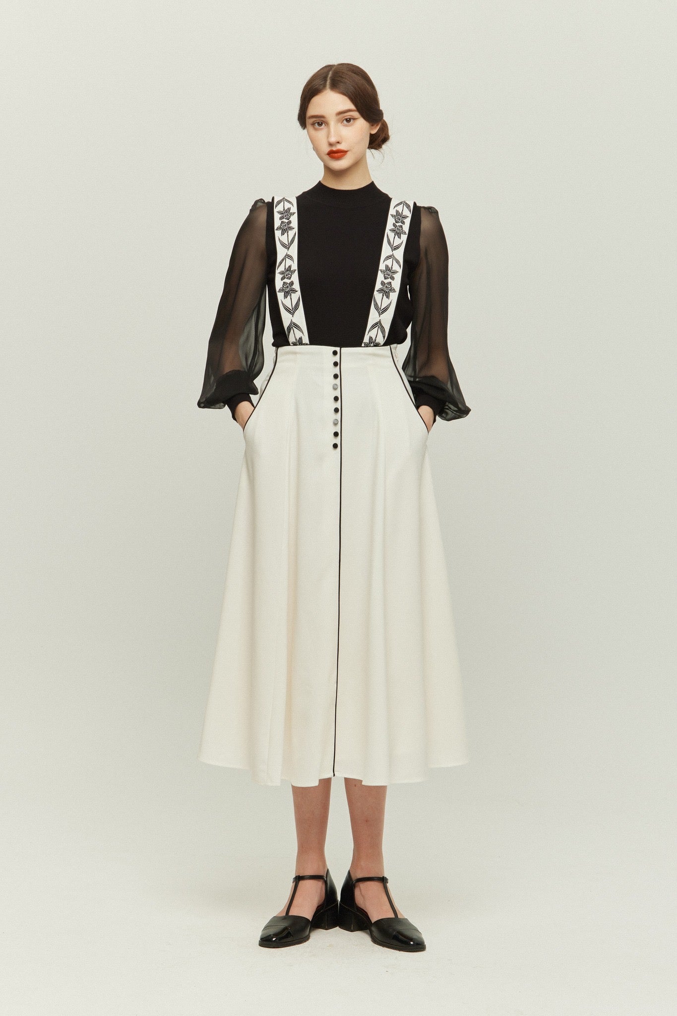 シースルースリーブニットトップ-Black