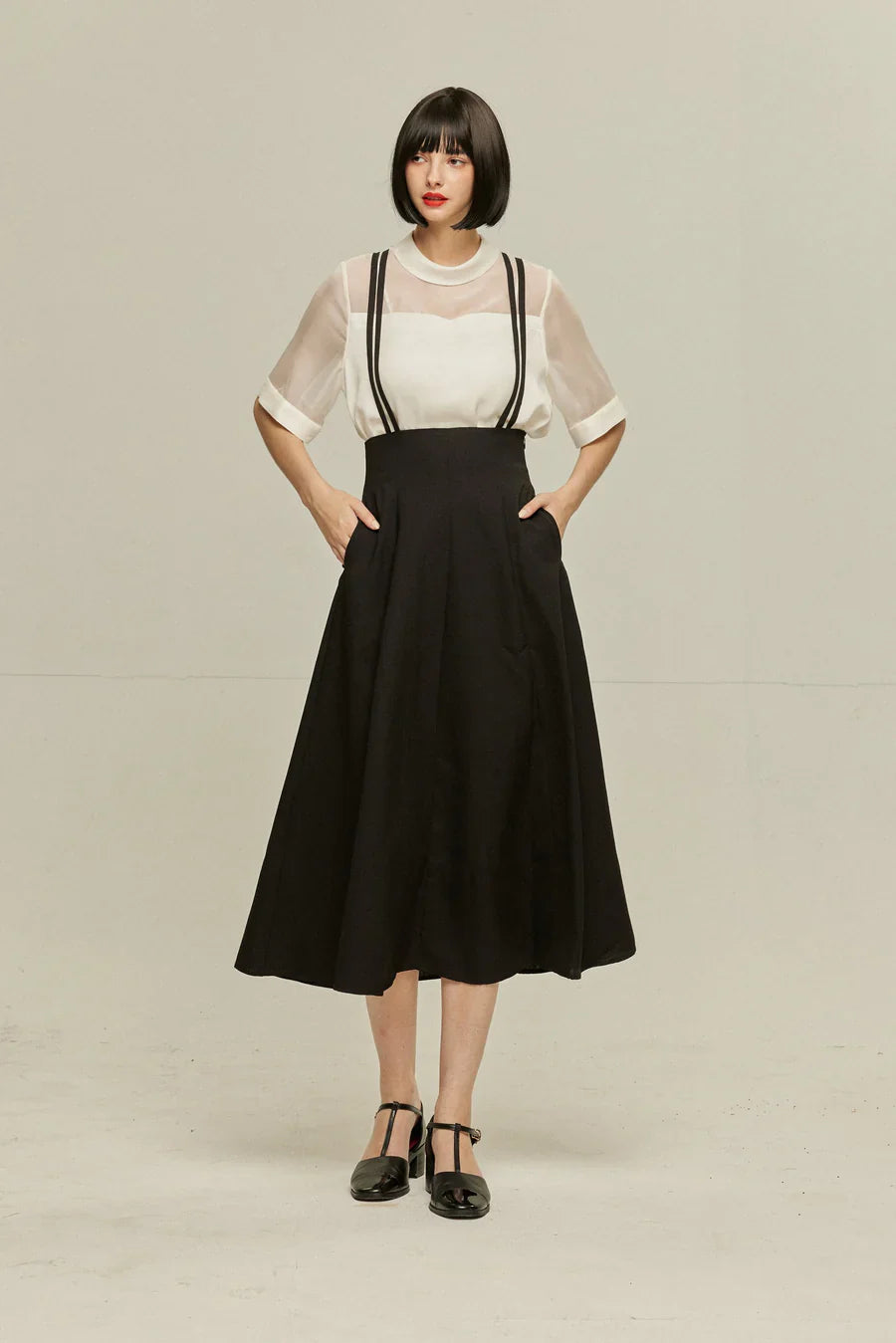 ダブルシンショルダーストラップサスペンダースカート-Black