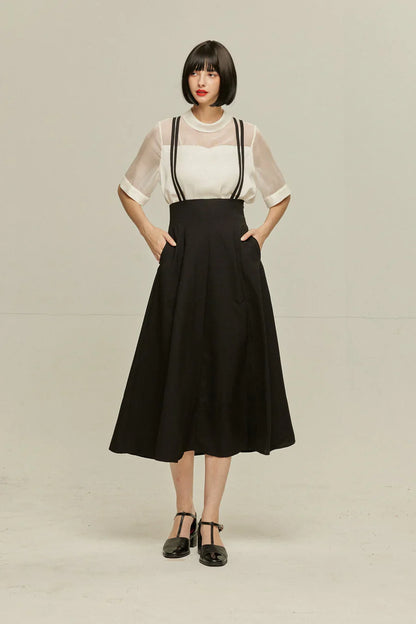 ダブルシンショルダーストラップサスペンダースカート-Black