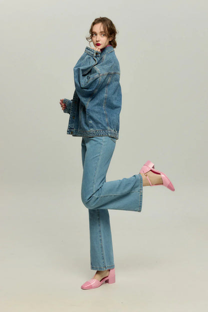 ハイウエストフロントボタンデニムパンツ-Blue