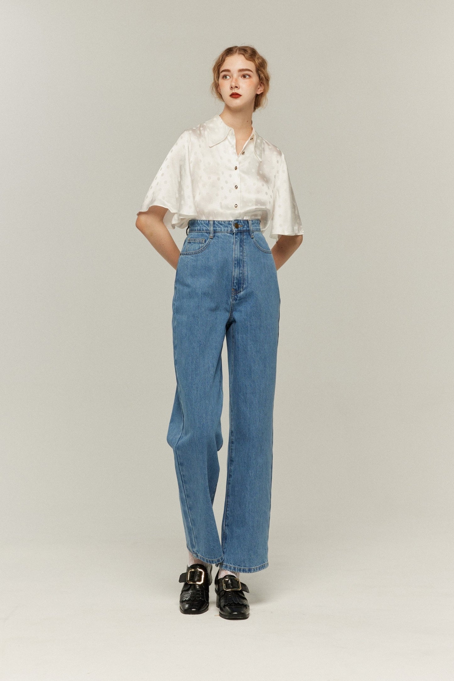 ハイウエストストレートデニムパンツ-Blue