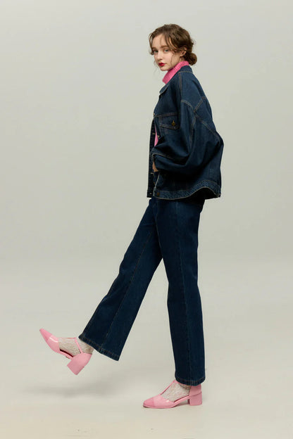 フロントボタンハイウエストデニムパンツ-Navy