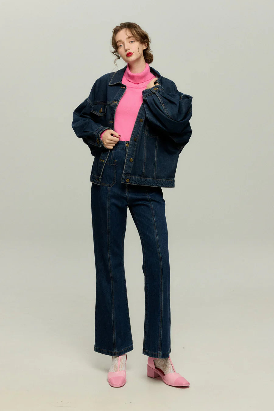 フロントボタンハイウエストデニムパンツ-Navy