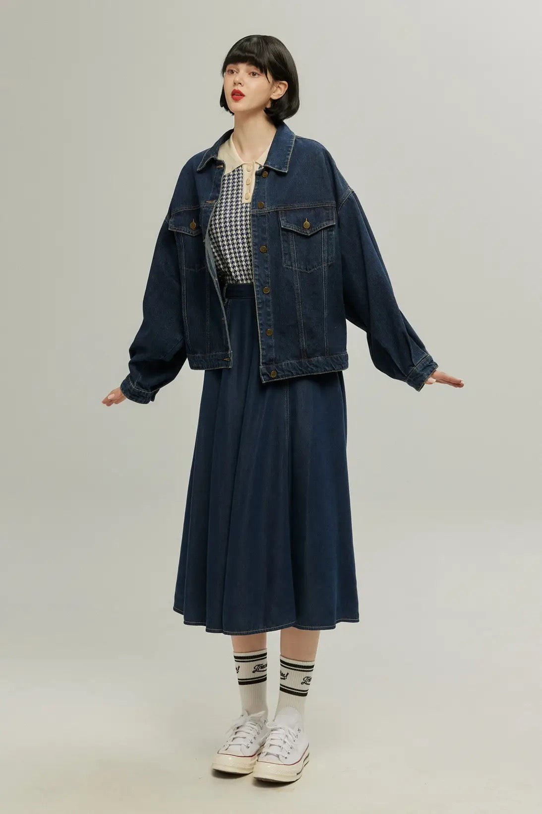 ハイウエストデニムスカート-Navy