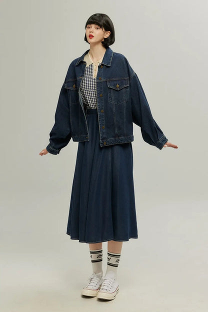 ハイウエストデニムスカート-Navy