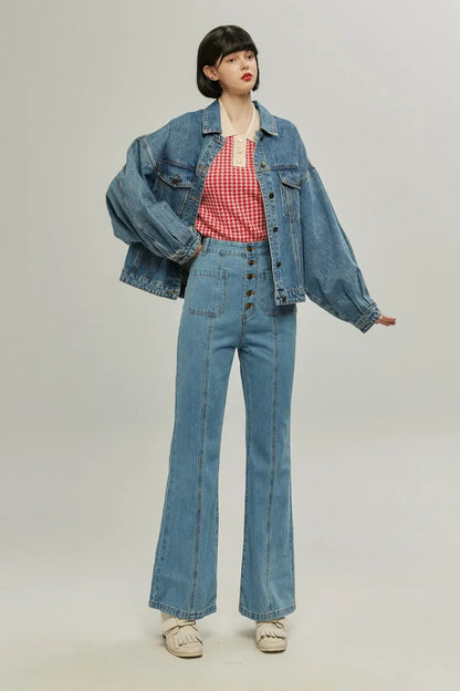 ハイウエストフロントボタンデニムパンツ-Blue