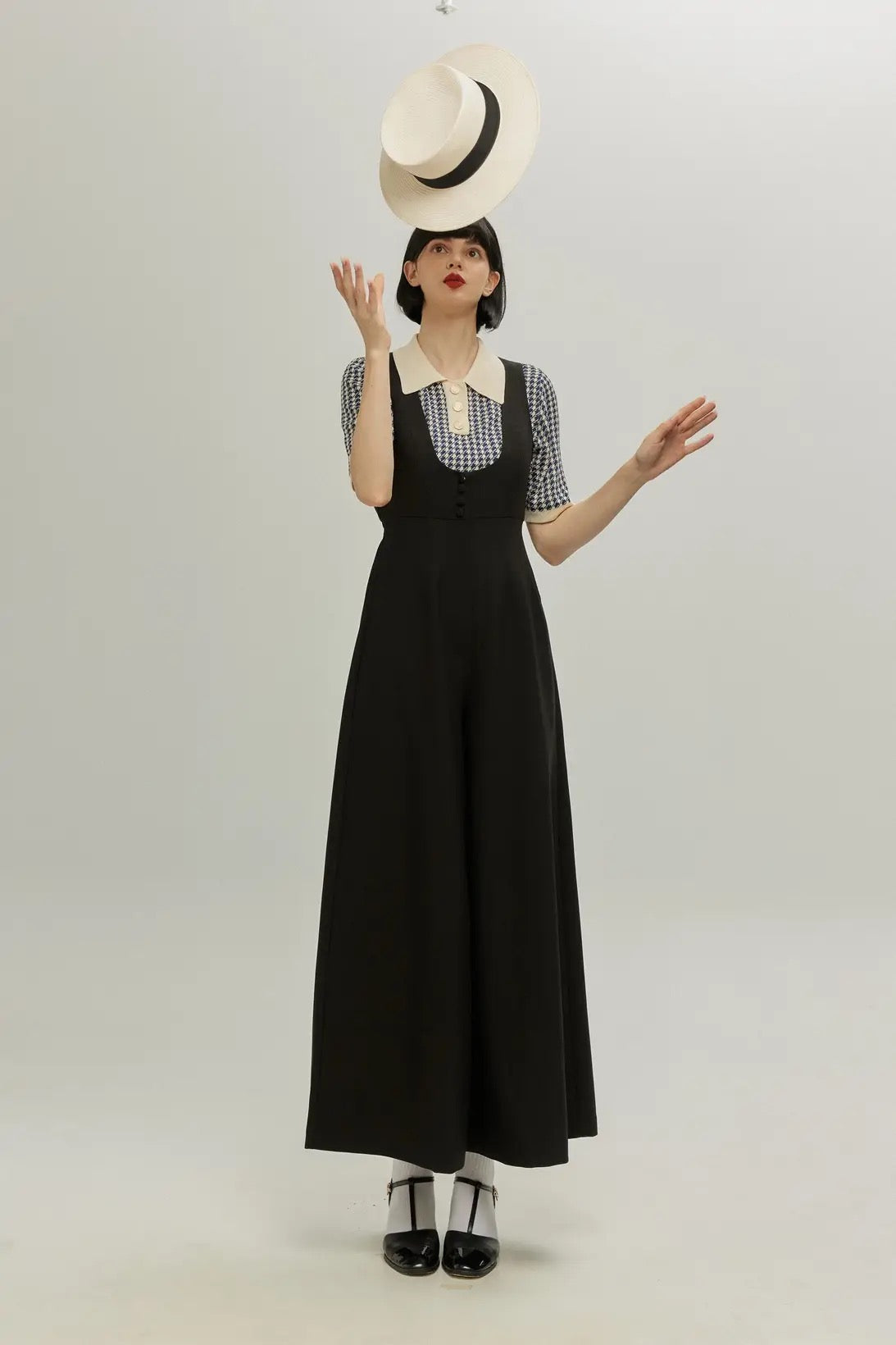 ハイウエストデザインバッククロスサロペット-Black