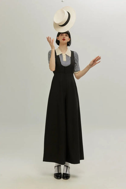 ハイウエストデザインバッククロスサロペット-Black