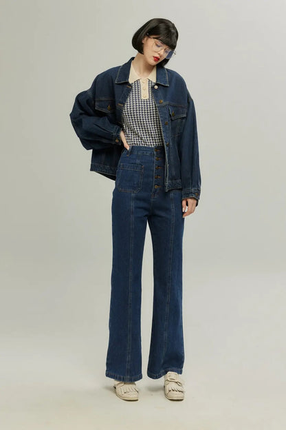 フロントボタンハイウエストデニムパンツ-Navy