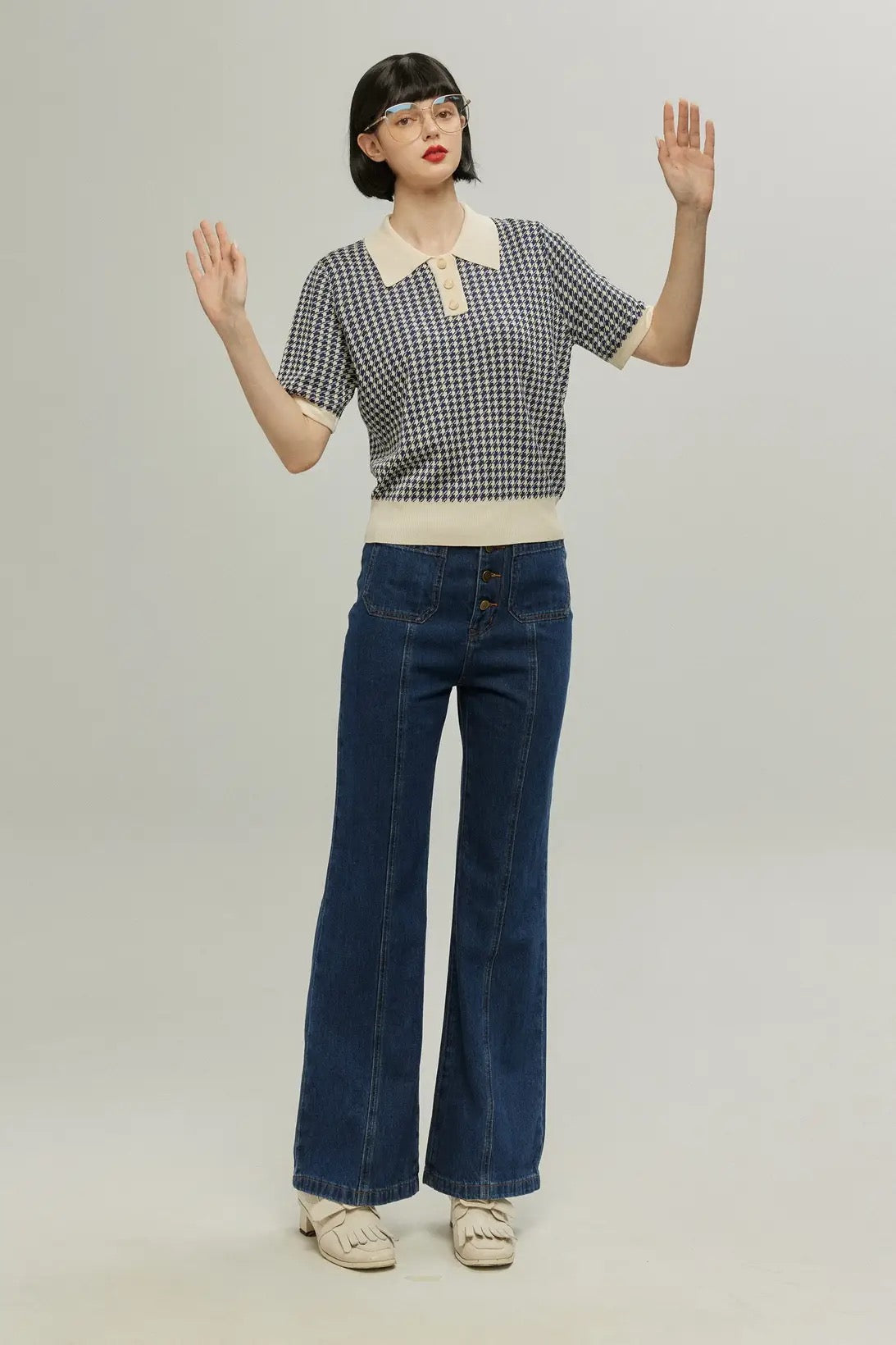 フロントボタンハイウエストデニムパンツ-Navy