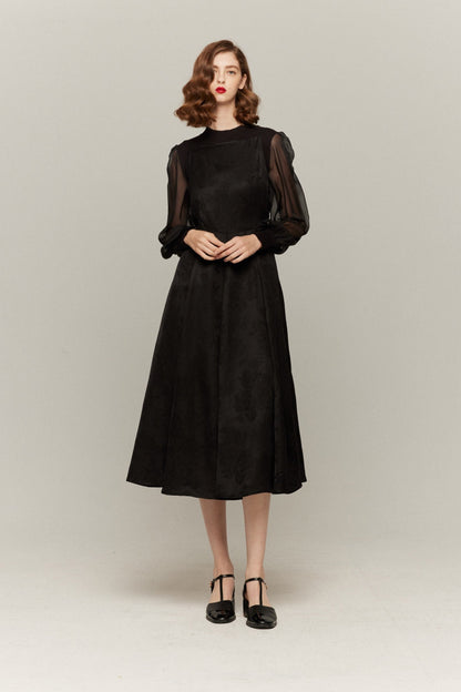 バックオープンハイウエストワンピース-Black
