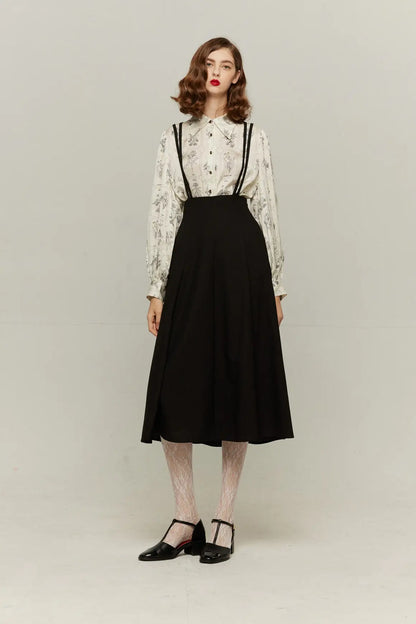 ダブルシンショルダーストラップサスペンダースカート-Black