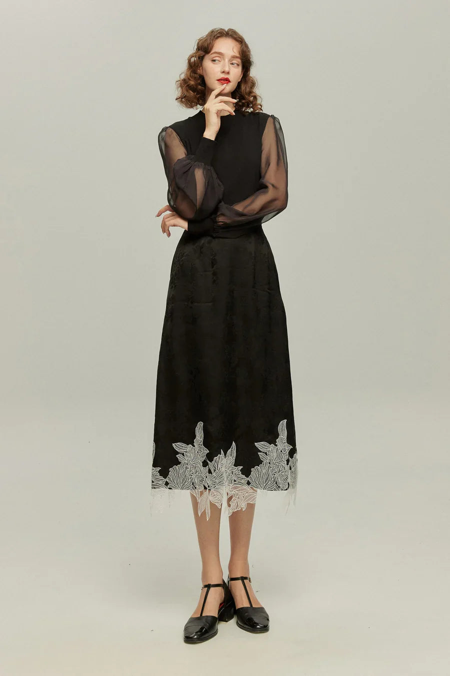 シースルースリーブニットトップ-Black