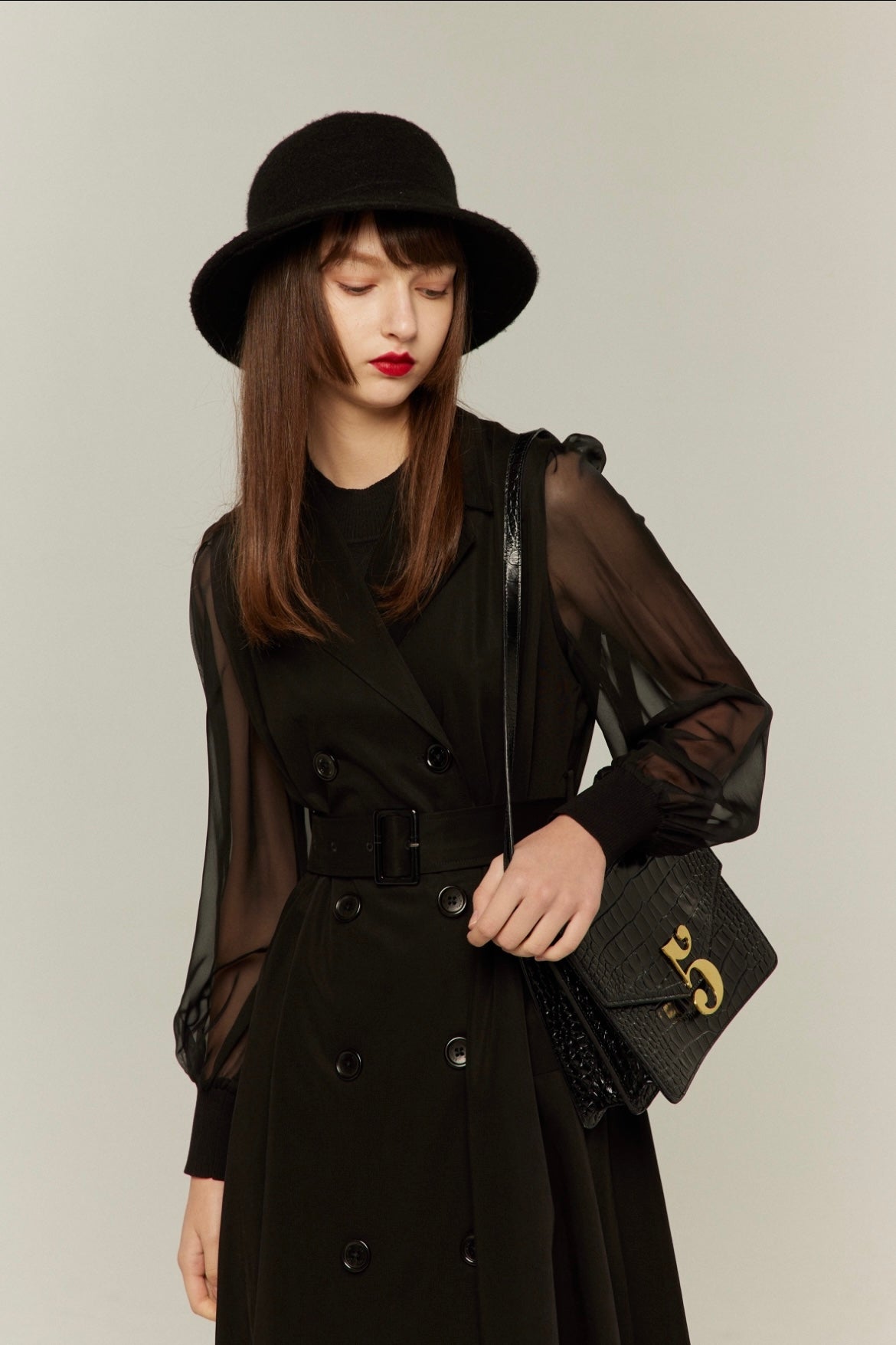 シースルースリーブニットトップ-Black