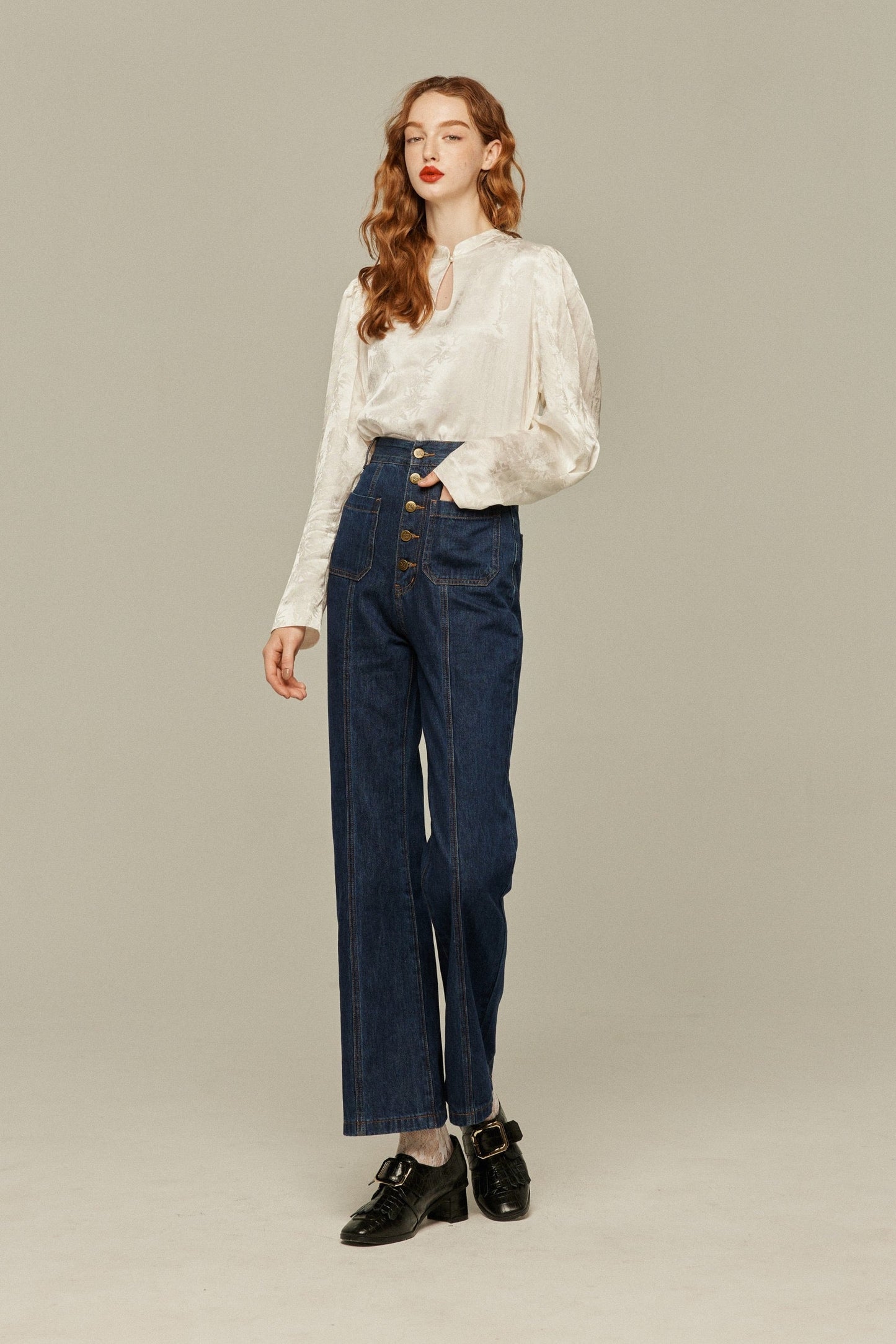 フロントボタンハイウエストデニムパンツ-Navy