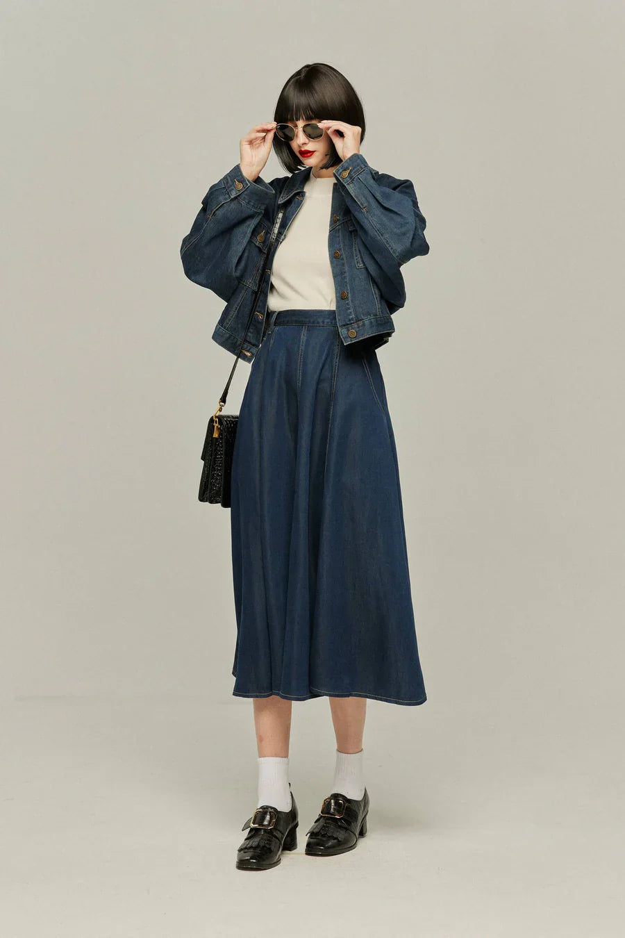 ハイウエストデニムスカート-Navy