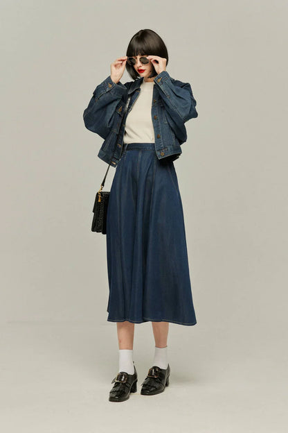 ハイウエストデニムスカート-Navy