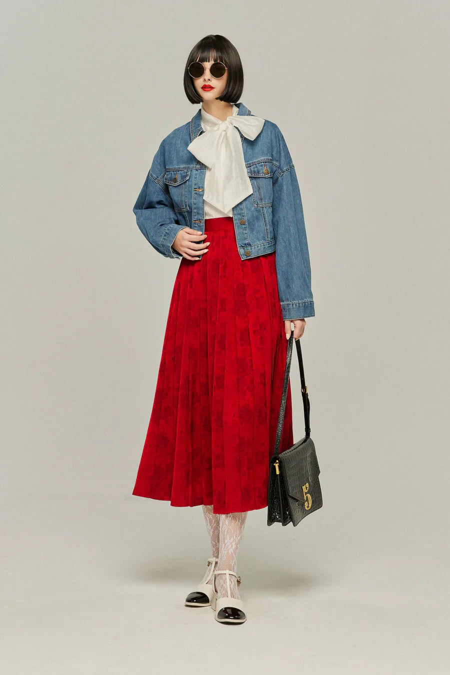 シノワズリハイウエストプリーツスカート-Red
