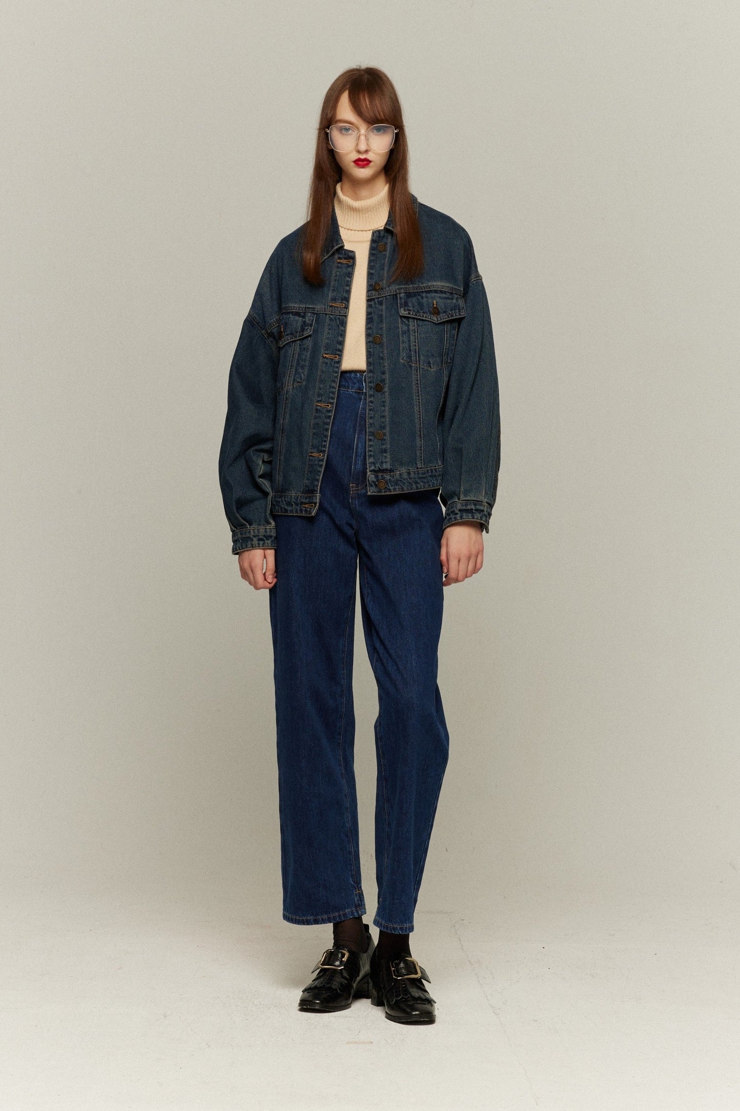 ハイウエストストレートデニムパンツ-Navy