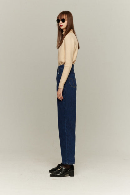 ハイウエストストレートデニムパンツ-Navy