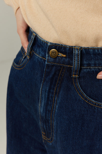 ハイウエストストレートデニムパンツ-Navy