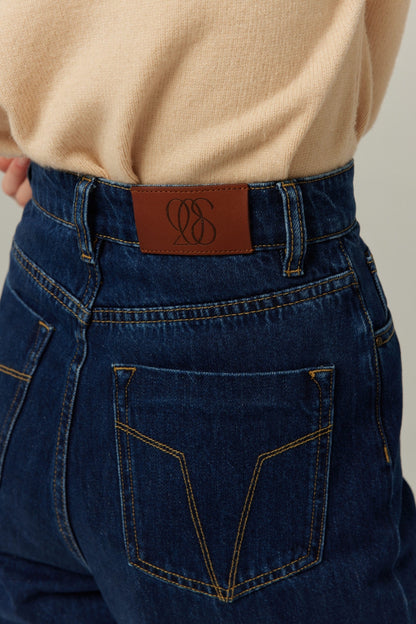 ハイウエストストレートデニムパンツ-Navy