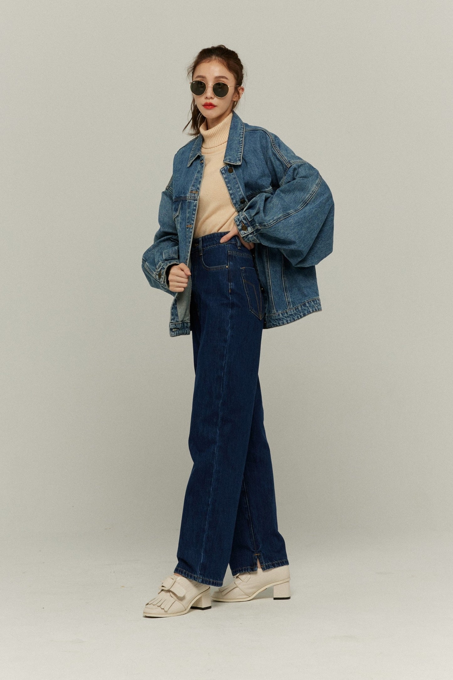 ハイウエストストレートデニムパンツ-Navy