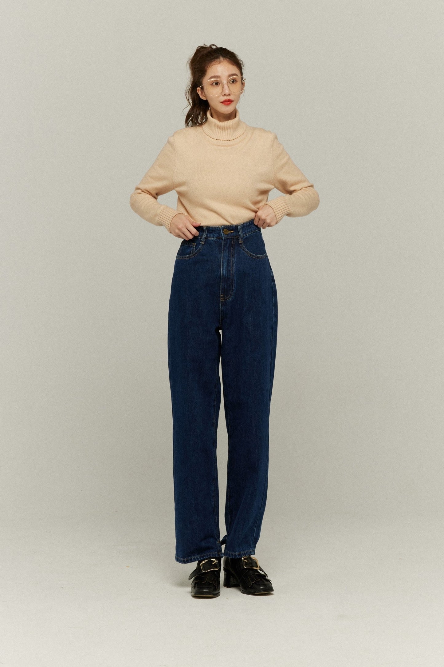 ハイウエストストレートデニムパンツ-Navy