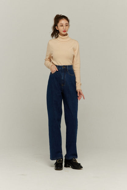 ハイウエストストレートデニムパンツ-Navy