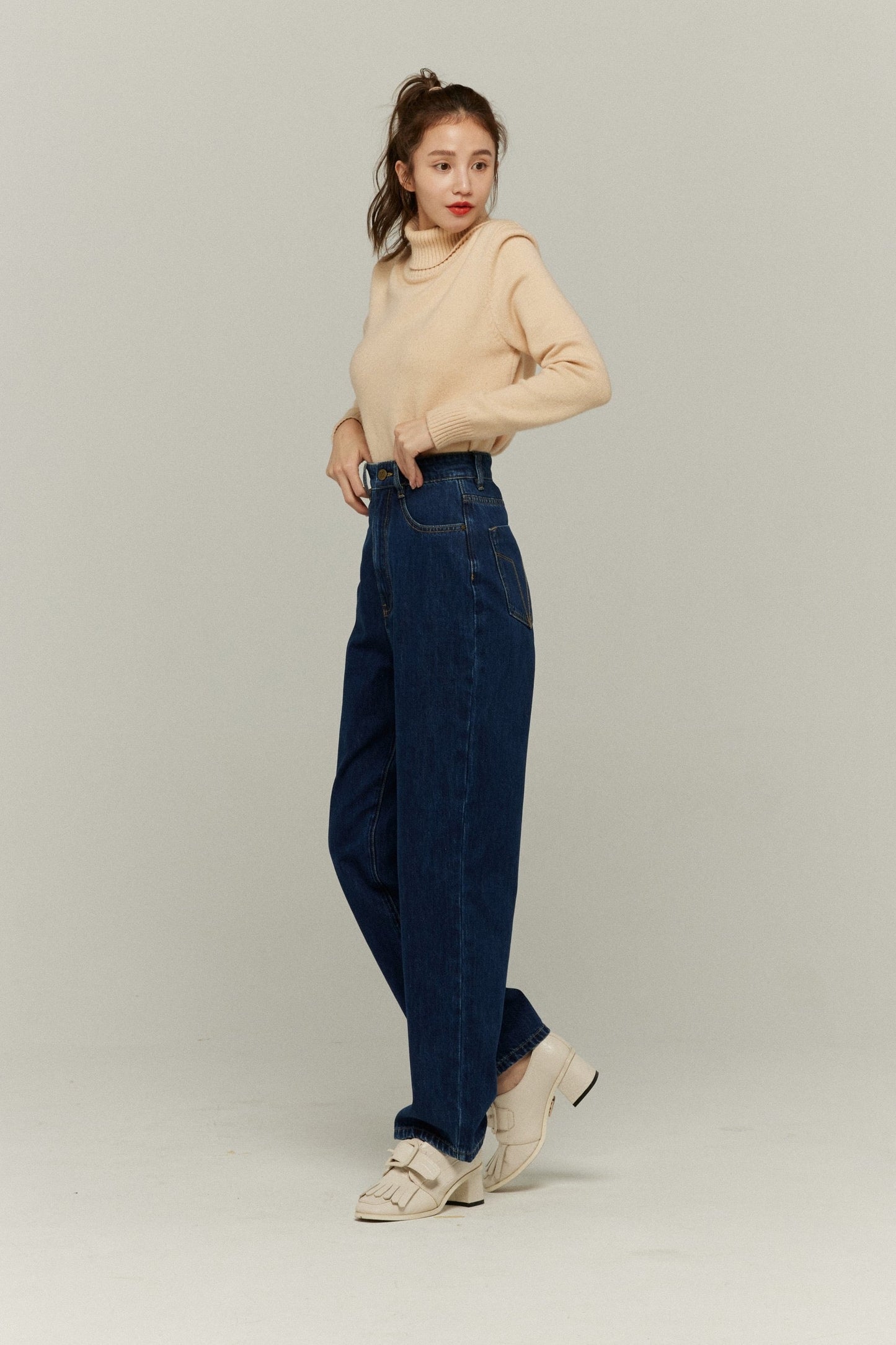 ハイウエストストレートデニムパンツ-Navy