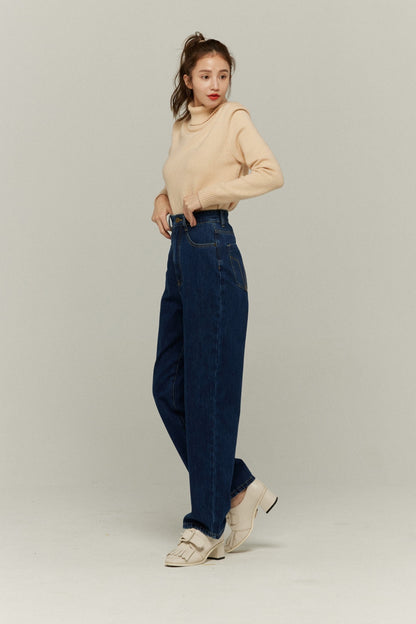 ハイウエストストレートデニムパンツ-Navy