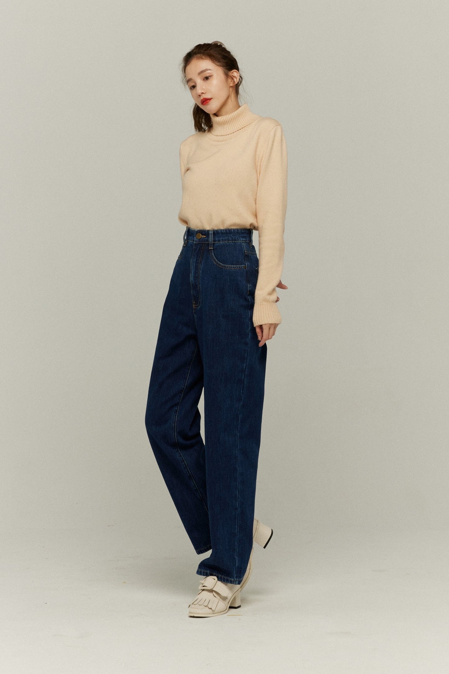 ハイウエストストレートデニムパンツ-Navy