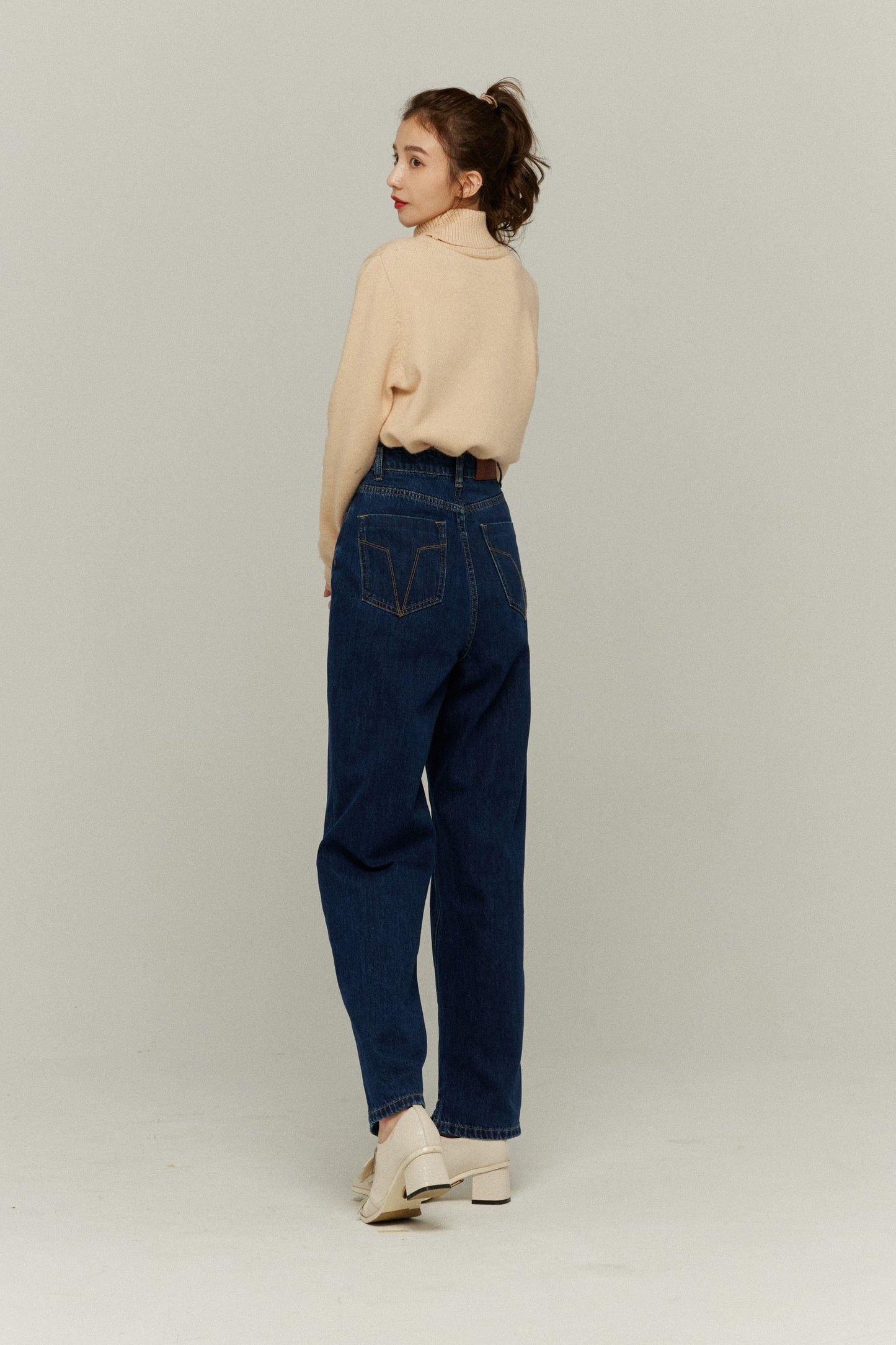 ハイウエストストレートデニムパンツ-Navy