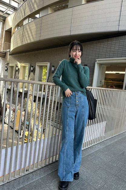 ハイウエストフロントボタンデニムパンツ-Blue