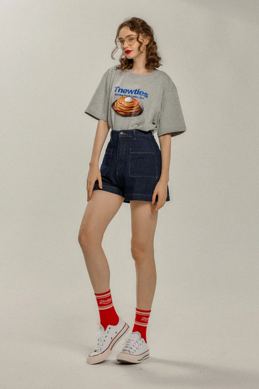 ハイウエストショートデニムパンツ-Navy