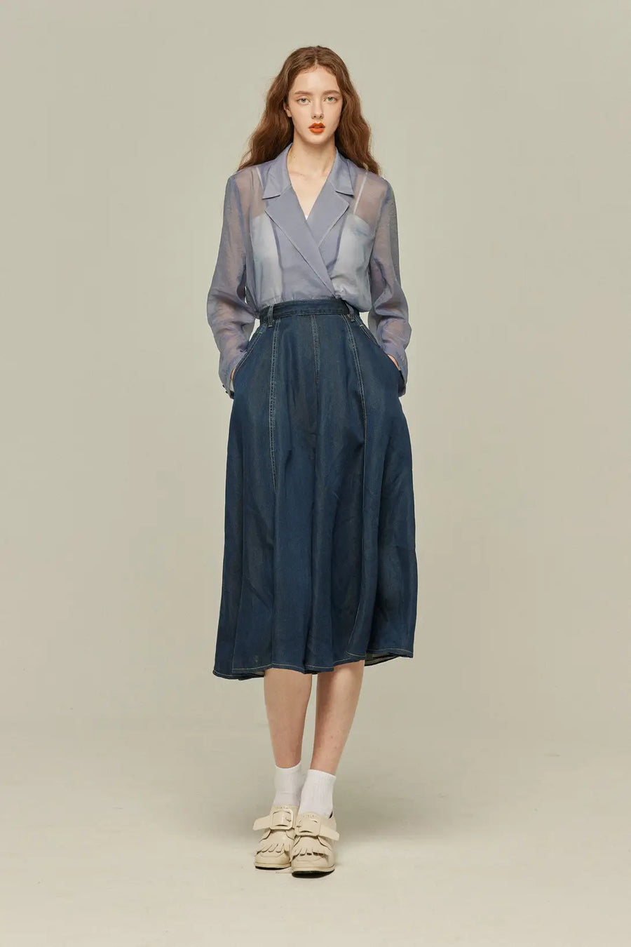 ハイウエストデニムスカート-Navy