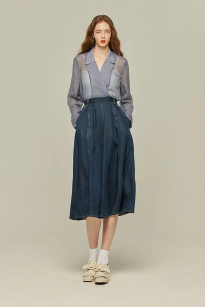 ハイウエストデニムスカート-Navy