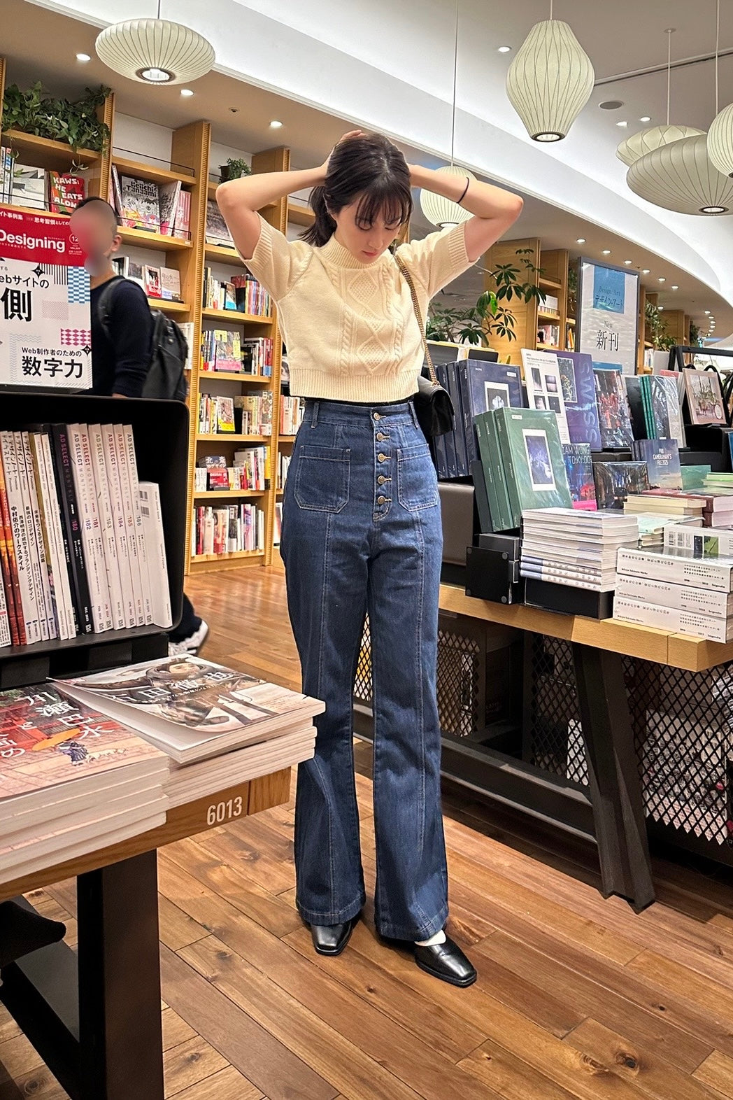 フロントボタンハイウエストデニムパンツ-Navy