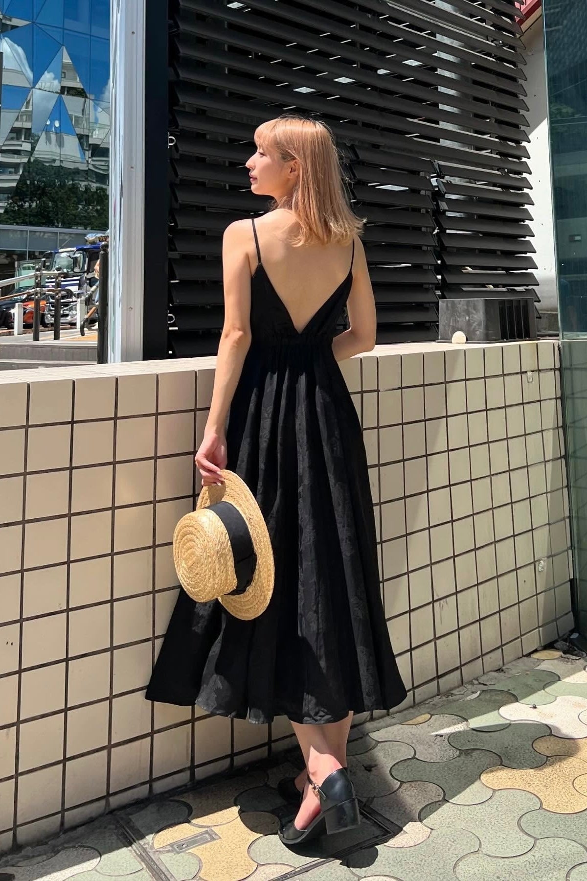 バックオープンハイウエストワンピース-Black